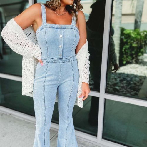 Alaina Square Neck Super Flare Denim Jumpsuit - Simply Me Boutique