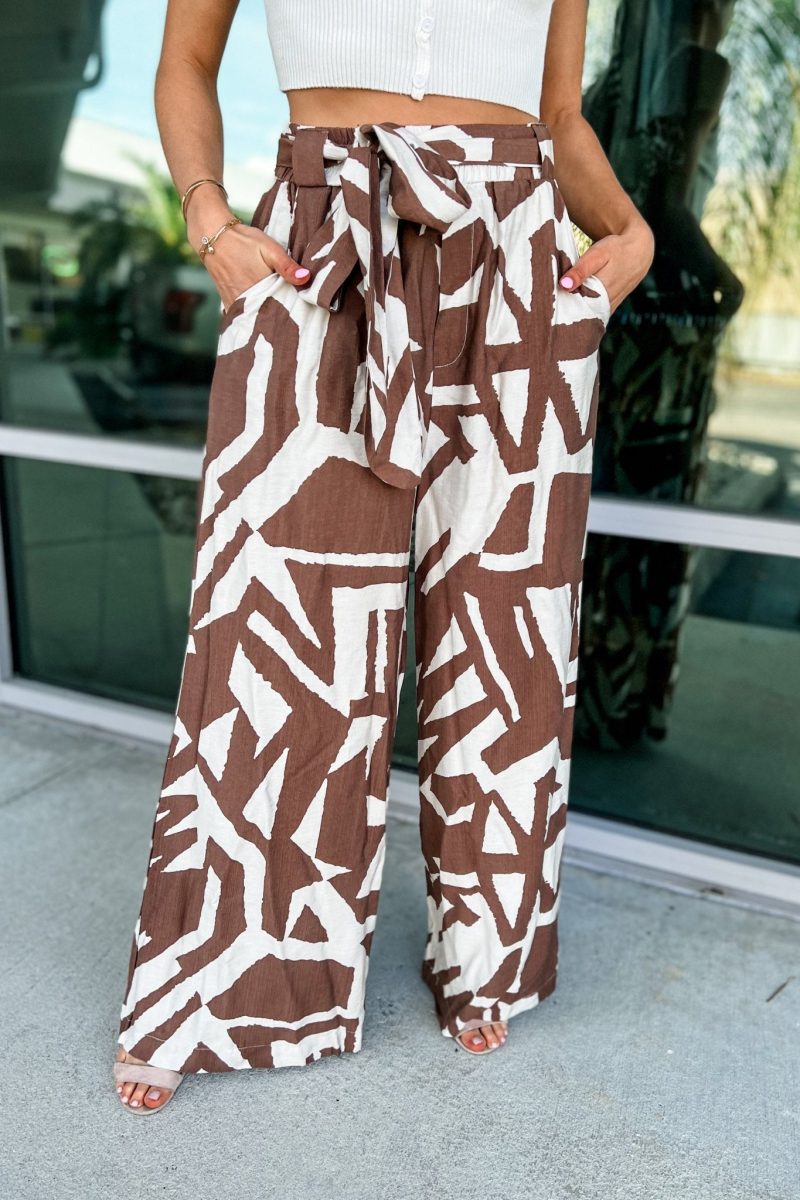 brown abstract wide leg pants simply me boutique 653314