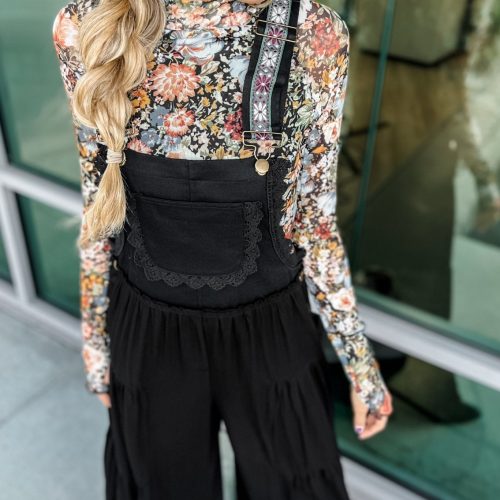 free spirit lace trim wide leg overalls black simply me boutique 387398