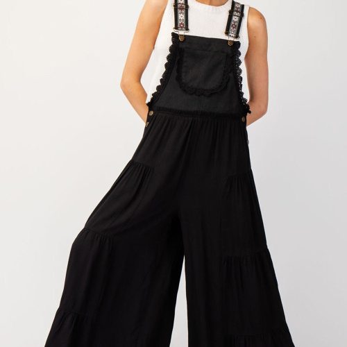 free spirit lace trim wide leg overalls black simply me boutique 569265