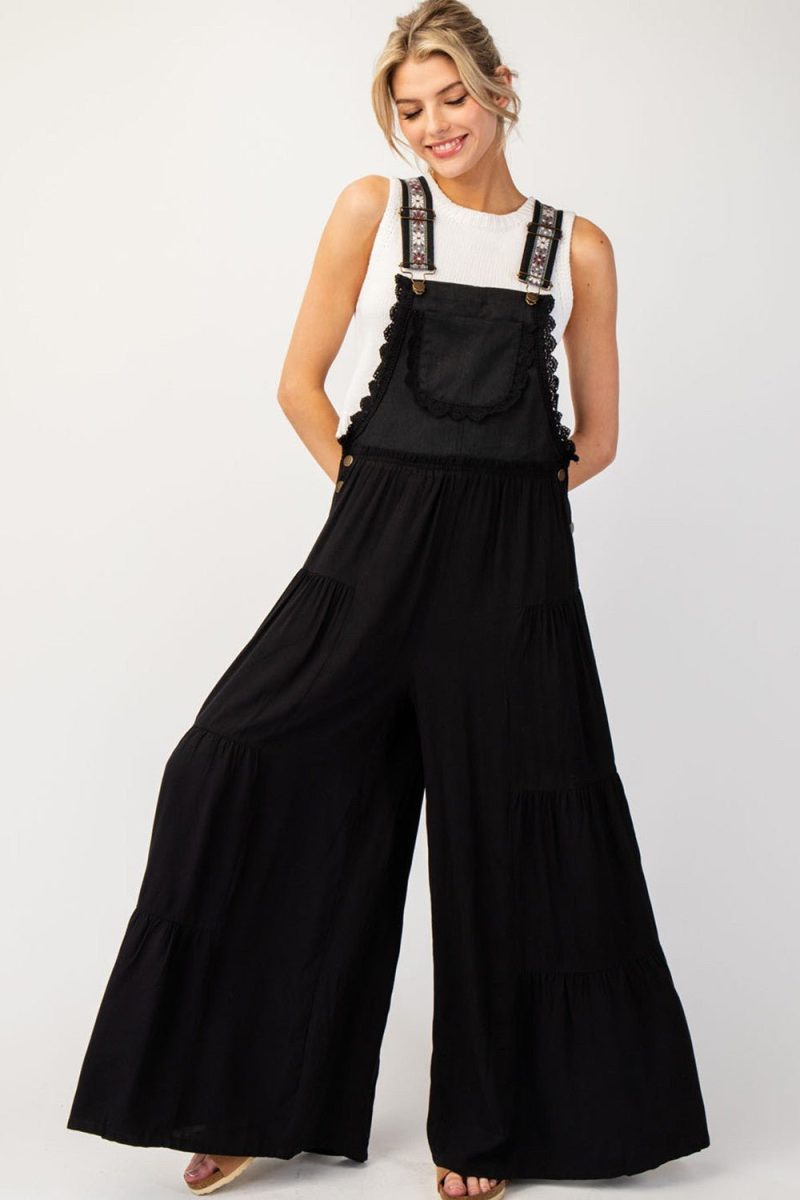 free spirit lace trim wide leg overalls black simply me boutique 569265