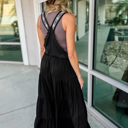 free spirit lace trim wide leg overalls black simply me boutique 998884