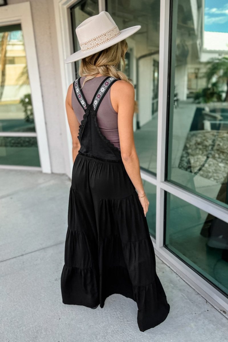 free spirit lace trim wide leg overalls black simply me boutique 998884