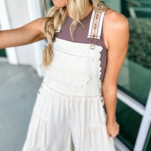 free spirit lace trim wide leg overalls oatmealcream simply me boutique 156681