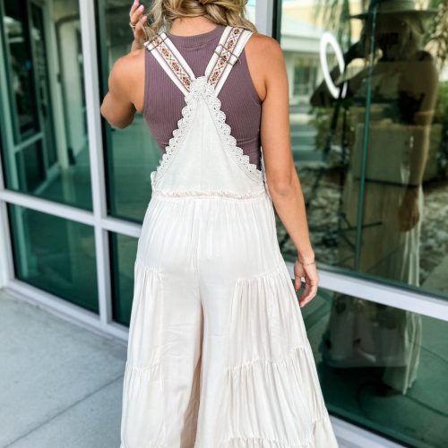 free spirit lace trim wide leg overalls oatmealcream simply me boutique 398744