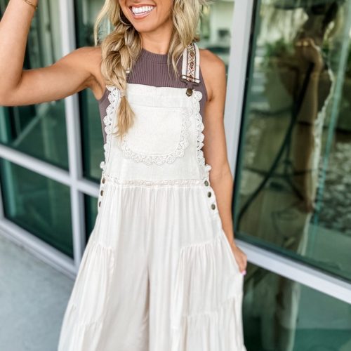 free spirit lace trim wide leg overalls oatmealcream simply me boutique 646958