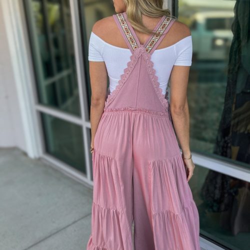 free spirit lace trim wide leg overalls rose pink simply me boutique 624634