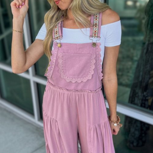 free spirit lace trim wide leg overalls rose pink simply me boutique 733159