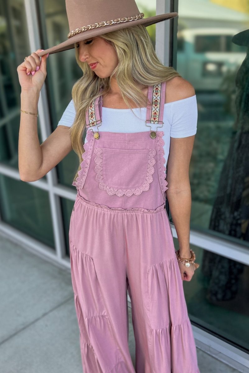 free spirit lace trim wide leg overalls rose pink simply me boutique 733159