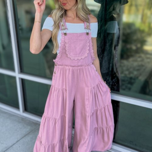 free spirit lace trim wide leg overalls rose pink simply me boutique 911874