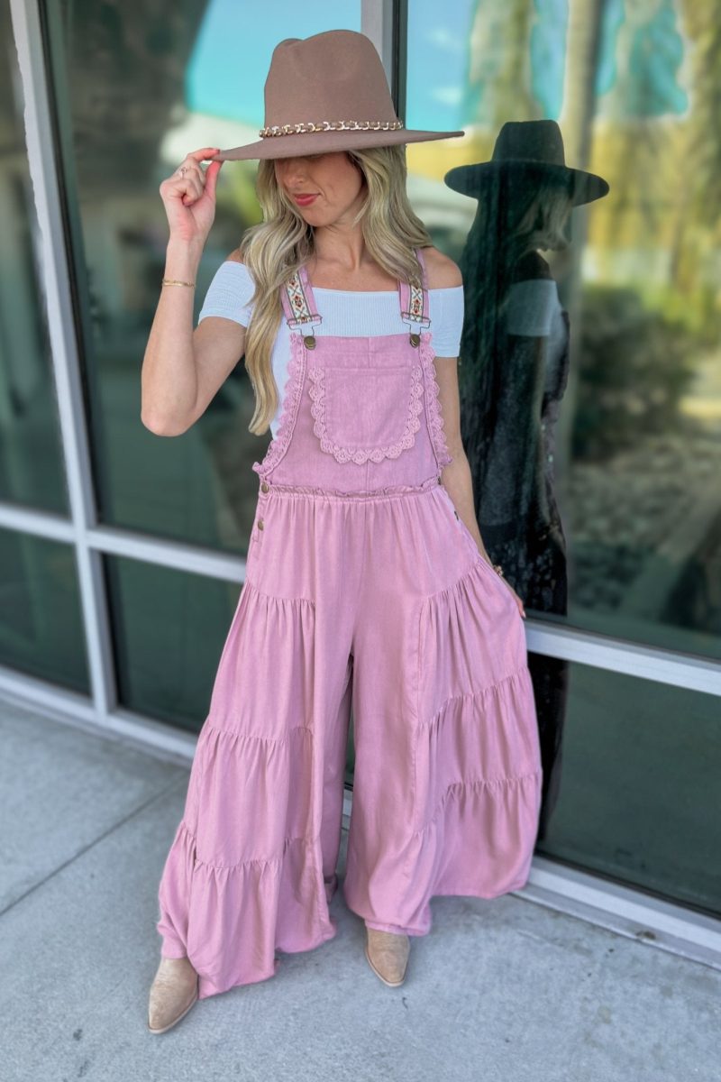 free spirit lace trim wide leg overalls rose pink simply me boutique 911874