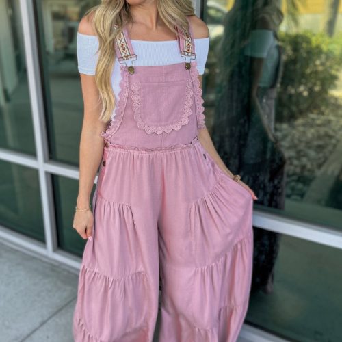 free spirit lace trim wide leg overalls rose pink simply me boutique 997768