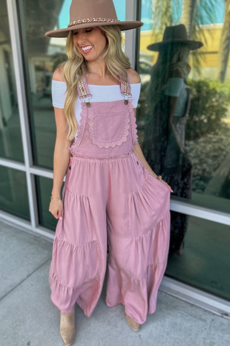 free spirit lace trim wide leg overalls rose pink simply me boutique 997768