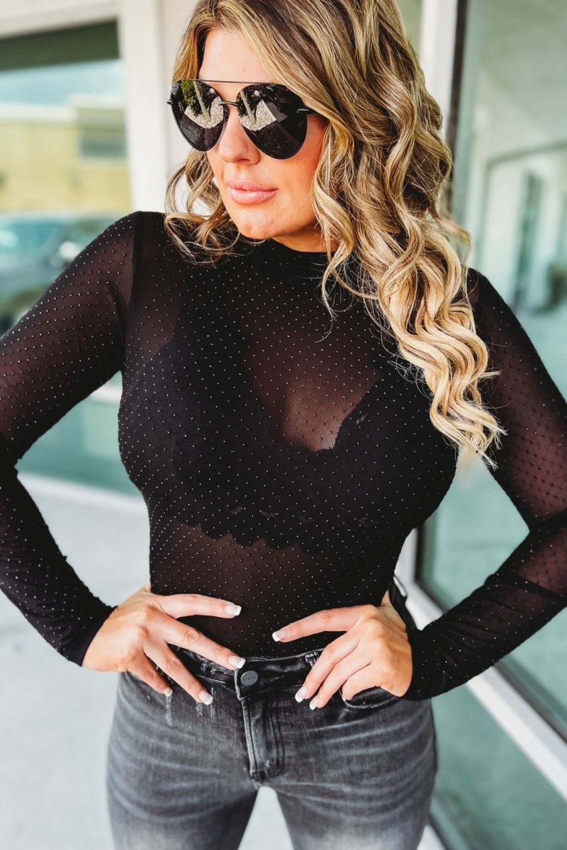 Getting Noticed Sheer Mesh Rhinestone Bodysuit 3 colors! - Simply Me Boutique