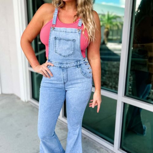 reba slim fit flared denim overalls simply me boutique 182228