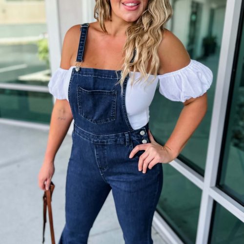 reba slim fit flared denim overalls simply me boutique 303323