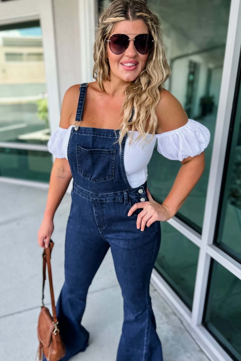 reba slim fit flared denim overalls simply me boutique 303323