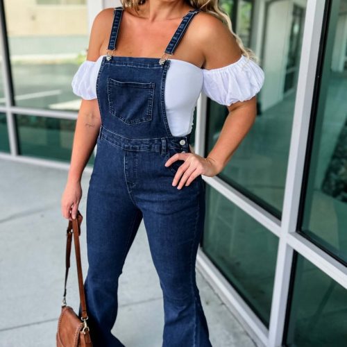 reba slim fit flared denim overalls simply me boutique 320501