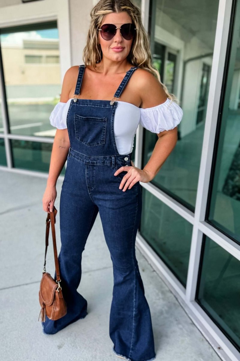 reba slim fit flared denim overalls simply me boutique 320501