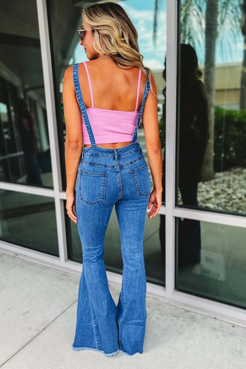 reba slim fit flared denim overalls simply me boutique 702262