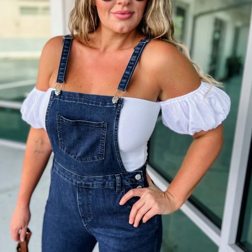 reba slim fit flared denim overalls simply me boutique 737212