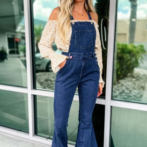 reba slim fit flared denim overalls simply me boutique 761608