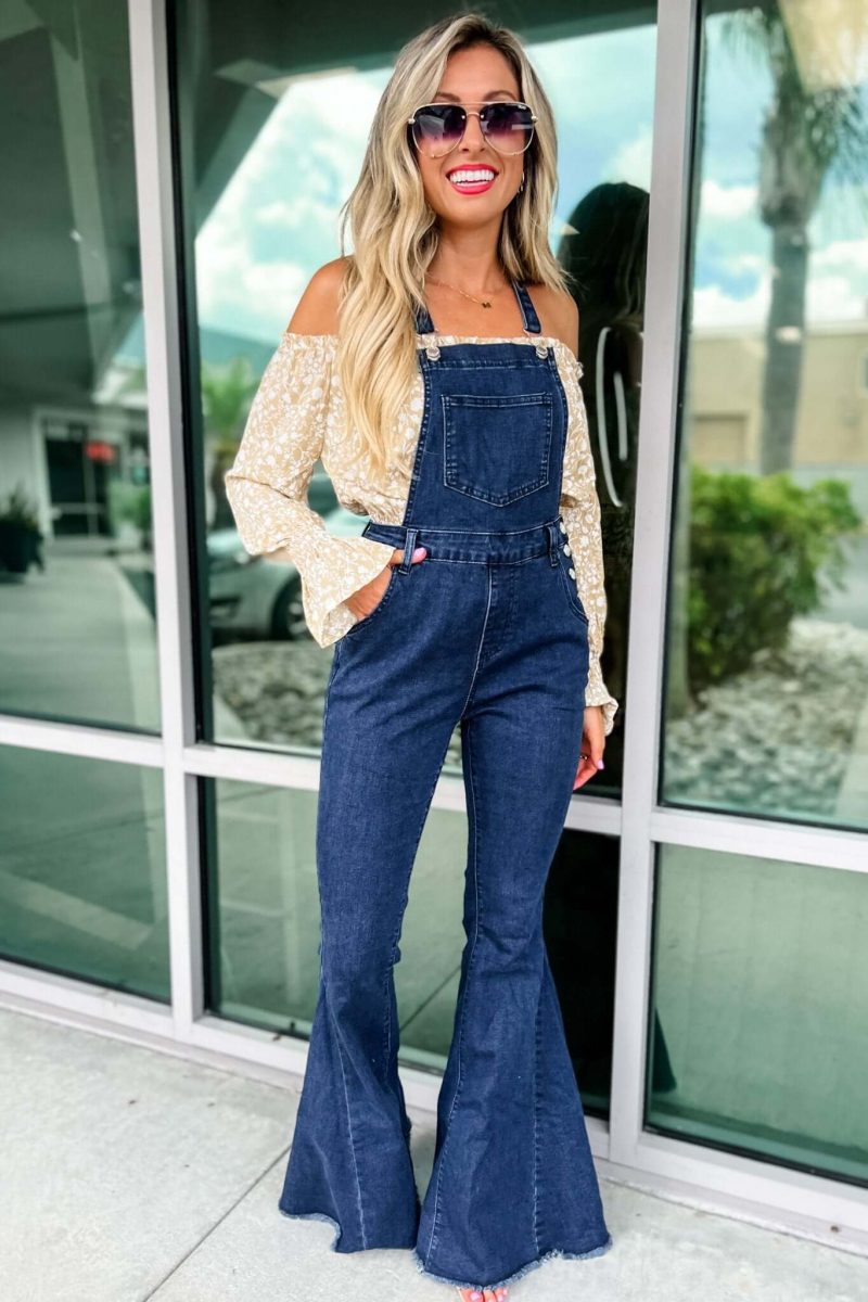 reba slim fit flared denim overalls simply me boutique 761608