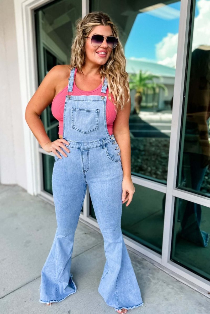 reba slim fit flared denim overalls simply me boutique 837575