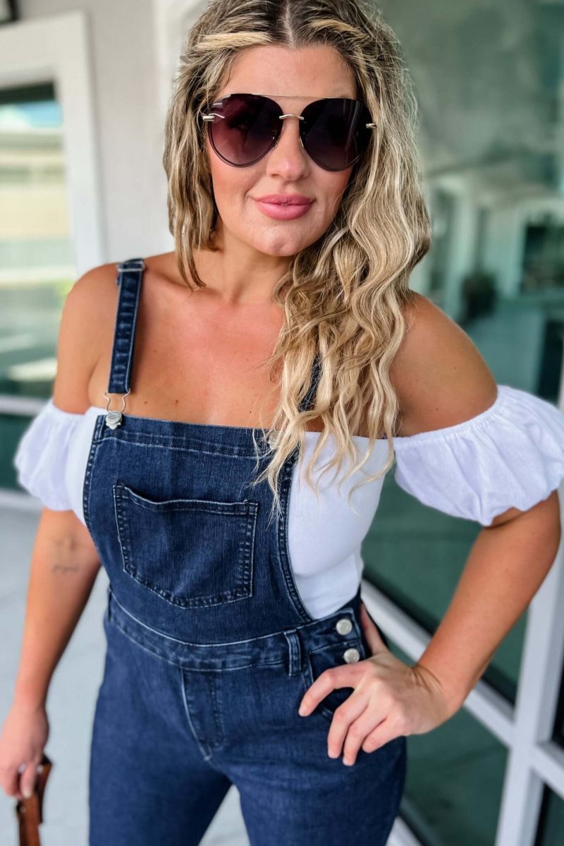 reba slim fit flared denim overalls simply me boutique 966194